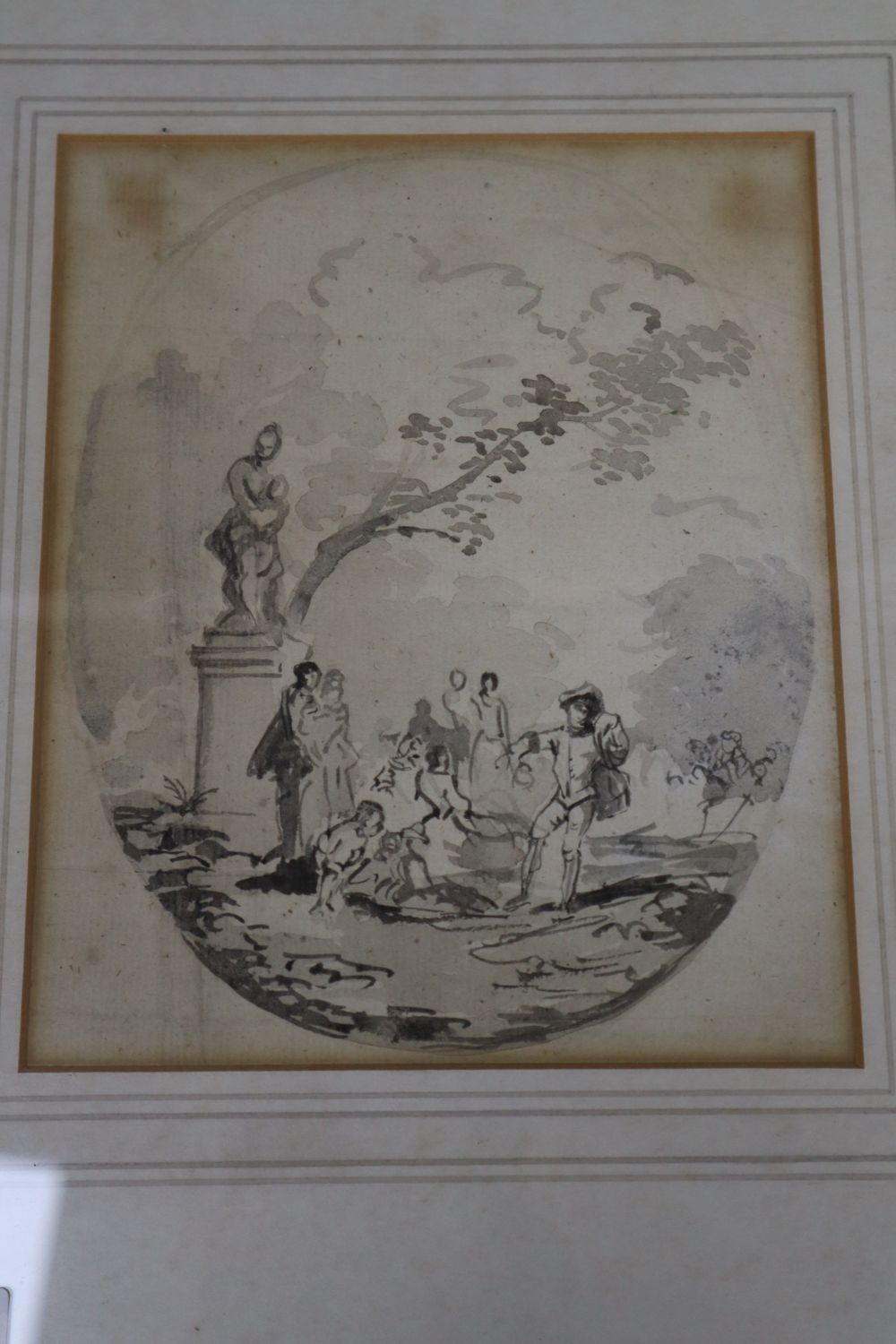 18th century French School, watercolour, Vignette of figures in a garden, 18 x 15cm